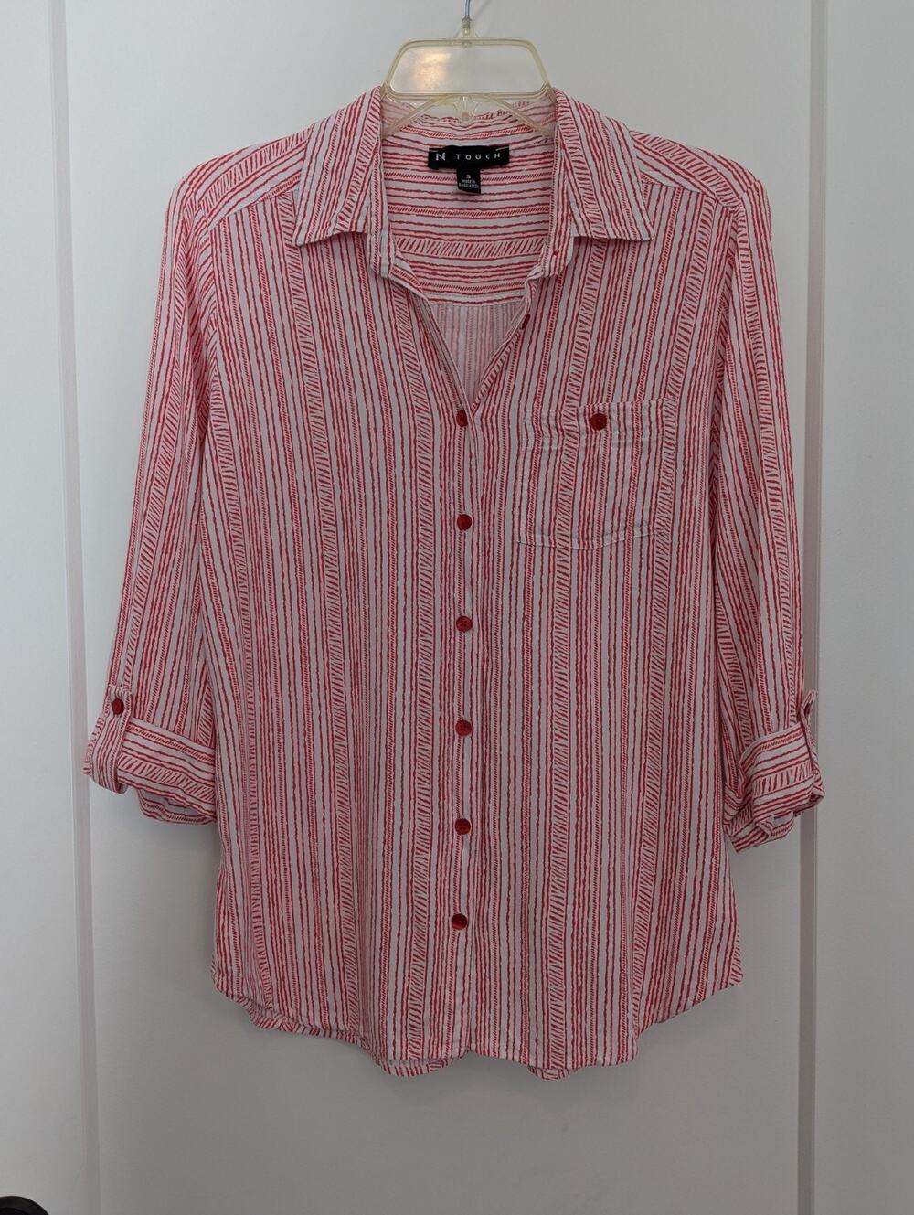 N Touch Women's Small Red Stripe Button Up Tunic Blouse Rayon Career Casual